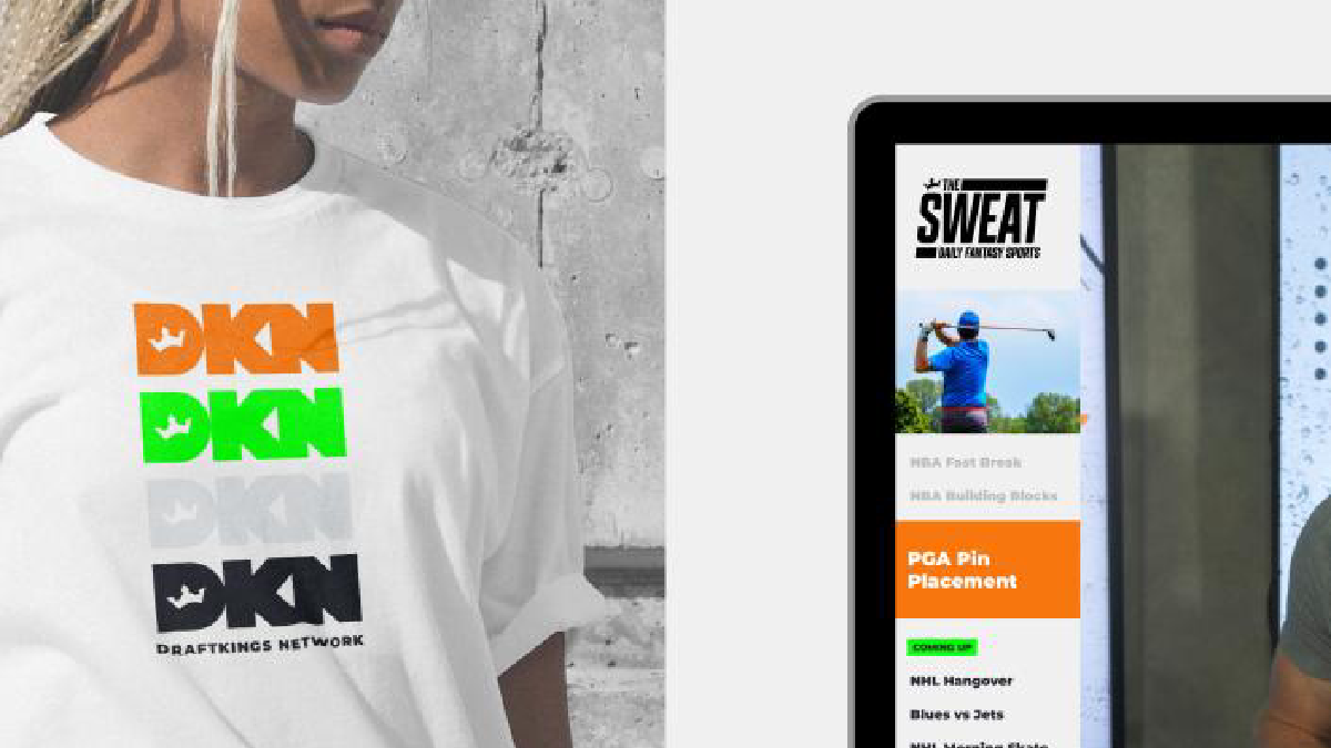 DraftKings Network mobile app displayed on a tablet, showing sports headlines and featured programming.