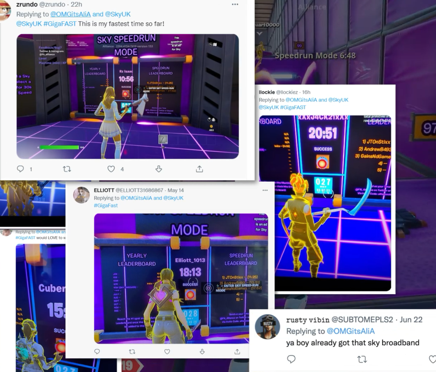 User-generated social media posts featuring gameplay screenshots and leaderboard times from Sky Gigafast speedrun challenges.