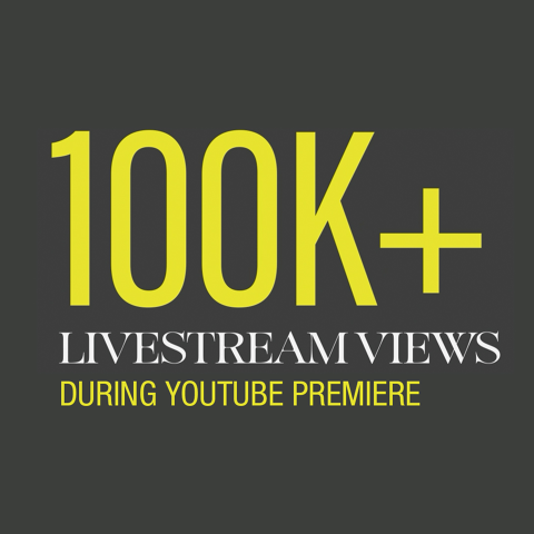 Large yellow text reading ‘100K+ livestream views during YouTube premiere’ on dark background.
