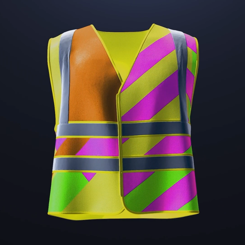High-visibility construction safety vest displayed on a dark background, featuring reflective strips and bright multicolour patterns for improved on-site visibility.