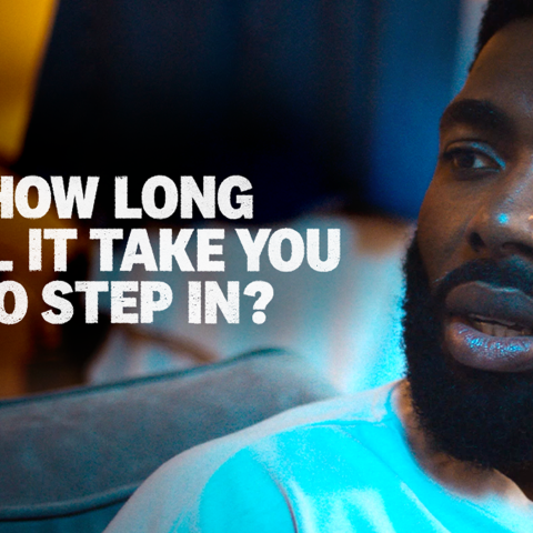 Close-up of a man sitting on a sofa with the text “How long will it take you to step in?” displayed beside him.