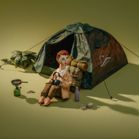 Stop-motion clay character lounging in a chair with houseplants, creating a peaceful, colourful scene.