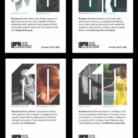 Grid of Chicago International Film Festival posters featuring the number 60 formed from paired film stills, each poster highlighting a different theme from 60 years of cinema.