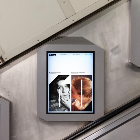 Digital poster displays on an escalator promoting the Chicago International Film Festival’s 60th anniversary.