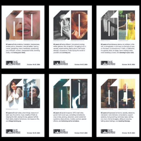 Individual Chicago International Film Festival poster celebrating 60 years of cinema, featuring film stills framed within bold typographic numerals.