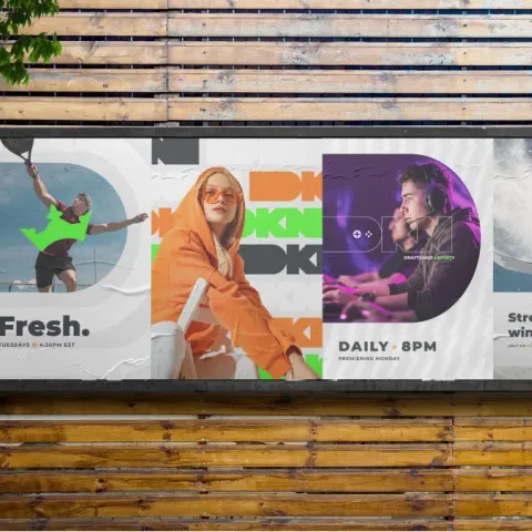 DraftKings Network brand toolkit layout displaying design philosophy, typography rules, color usage, and visual system components.