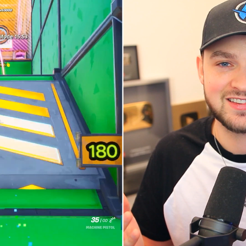 Split screen showing a gaming creator alongside gameplay footage from a Sky Gigafast branded speedrun challenge.