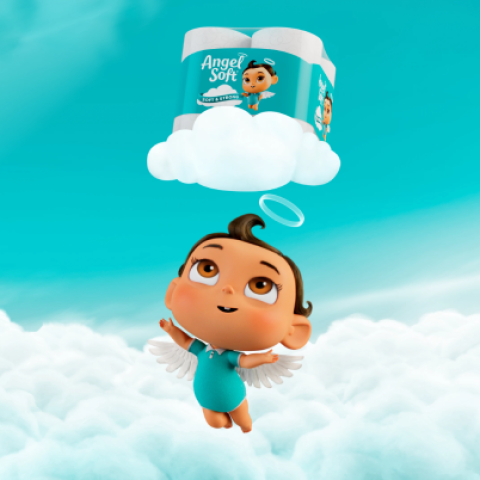 Animated baby angel with wings and halo floating above soft clouds, looking up at an Angel Soft toilet paper pack resting on a cloud.