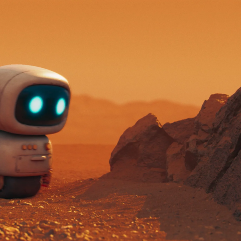 Small friendly robot with glowing blue eyes walking across a rocky, Mars-like desert landscape at sunset.