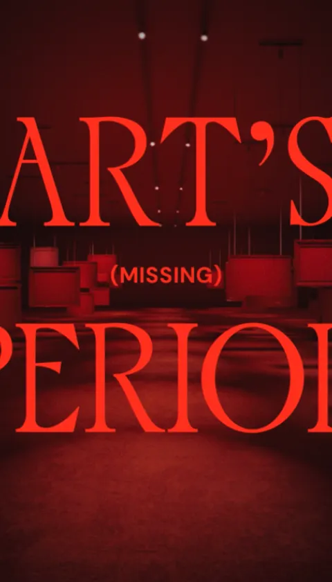 "Title card for the Kotex 'Art's Missing Period' campaign, displaying the bold red serif text 'ART'S (MISSING) PERIOD' over a darkened, atmospheric render of a virtual gallery space bathed in deep red light, with framed artworks visible in the background."