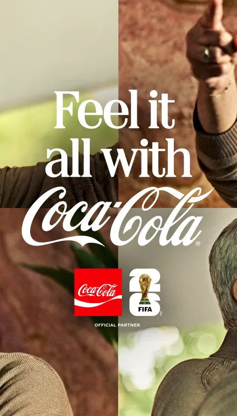 "A Coca-Cola FIFA World Cup campaign image featuring football manager José Mourinho in four expressive portraits, each capturing a different emotion — hopeful anticipation, intense frustration, exasperated disbelief, and passionate celebration holding a Coca-Cola bottle. All shots show him in a khaki jacket in a warm, naturally lit setting. Centre text reads 'Feel it all with Coca-Cola', alongside the Coca-Cola and FIFA Official Partner logos."