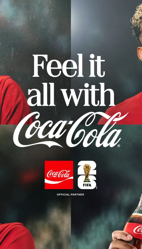 "A Coca-Cola FIFA World Cup campaign image featuring footballer Lamine Yamal in four expressive portraits, each capturing a different emotion — prayer-like anticipation, nervous tension, anxious suspense, and joyful celebration holding a Coca-Cola bottle. All shots show him in a red football shirt against a dramatic dark background. Centre text reads 'Feel it all with Coca-Cola', alongside the Coca-Cola and FIFA Official Partner logos."