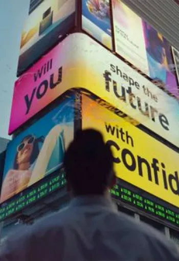 Man staring at many different marketing signs in the middle of a busy city.