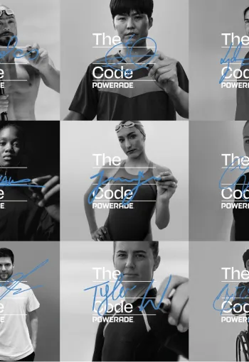 Collage of different individuals signing a glass board in blue pen.