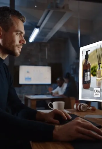 Man staring at computer screen at night time. 
