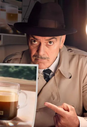 George clooney dressed as a detective holding a mug of Nespresso coffee in wanted style poster