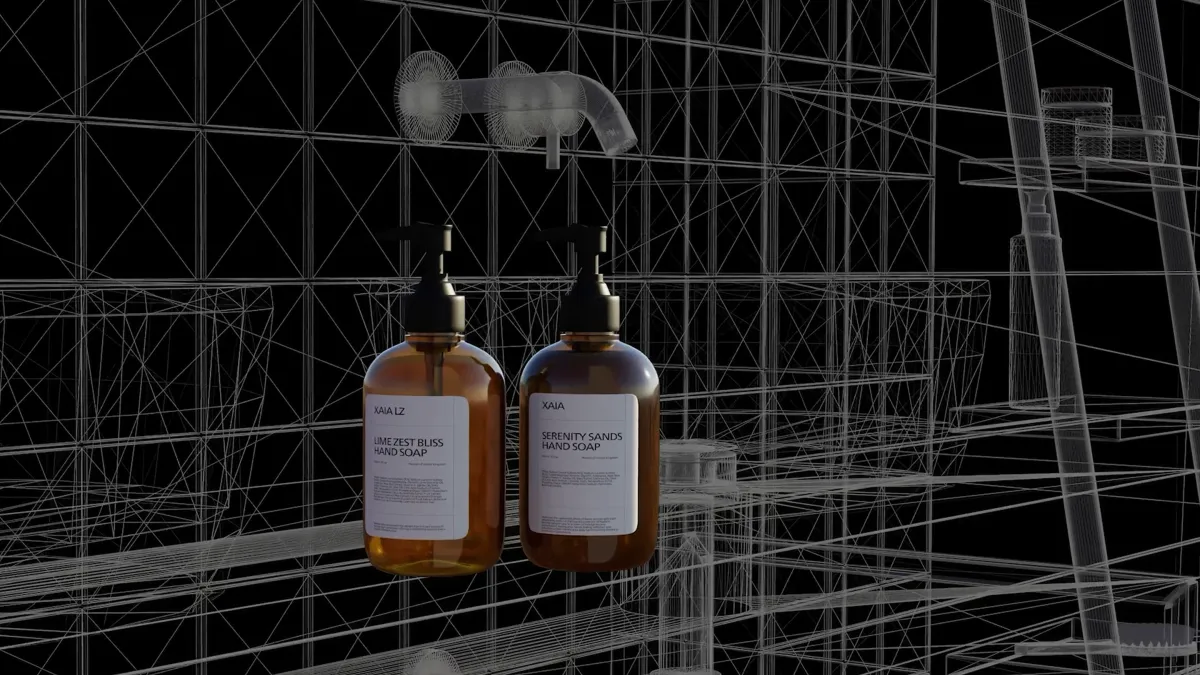 Two amber pump bottles of hand soap displayed against a 3D wireframe environment background.”
