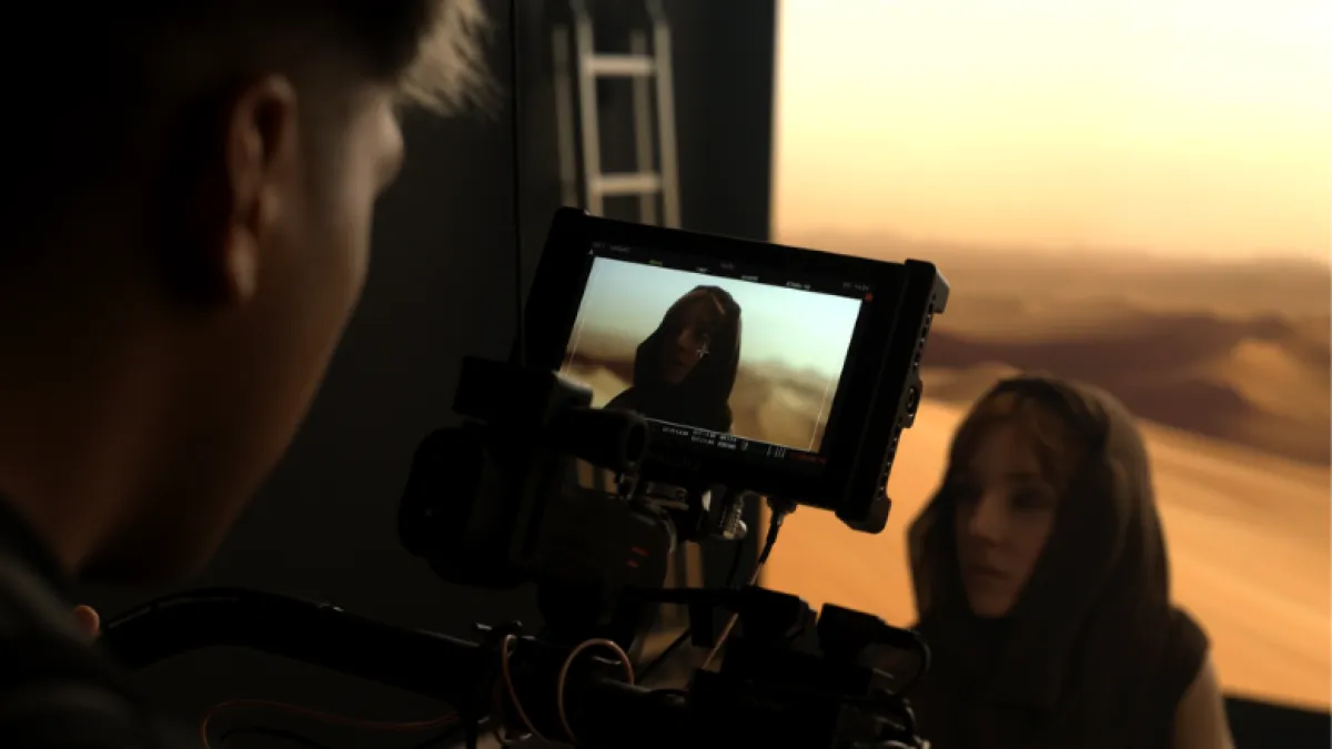 A woman on set with a desert virtual background with the camera shooting her in shot