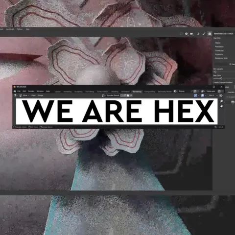 A screenshot of a digital art workstation showing a rendering in progress. In the center, a 3D model of a character with a large, stylized eye and flower-like head elements is visible. A prominent white banner with black text in the center of the screen reads "WE ARE HEX." On the right, various rendering settings, sliders, and progress details are visible in the software's sidebar panels.